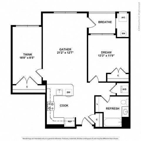 Floor plan layout diagram for 1T Den w/ Balcony