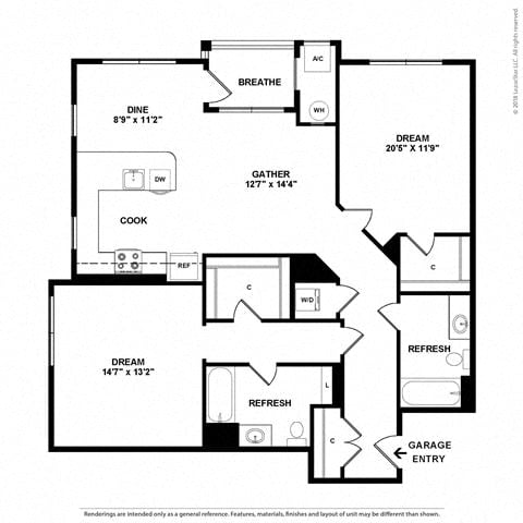 Floor plan layout diagram for 2AD w/ Balcony