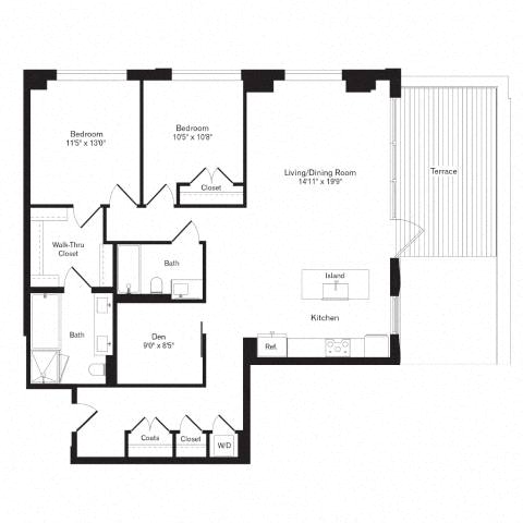 Floor plan layout diagram for 2V Den