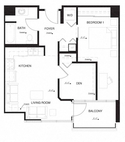 Floor plan layout diagram for 1D Den w Balcony Renovation 2