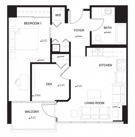Floor plan layout diagram for 1G Den w Balcony Renovation 2