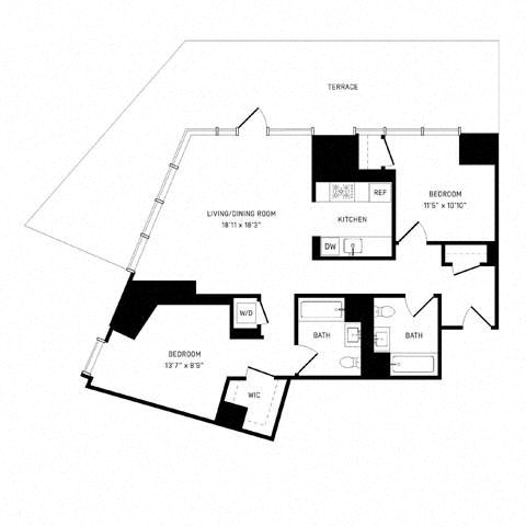 Floor plan layout diagram for 2B w/ Terrace