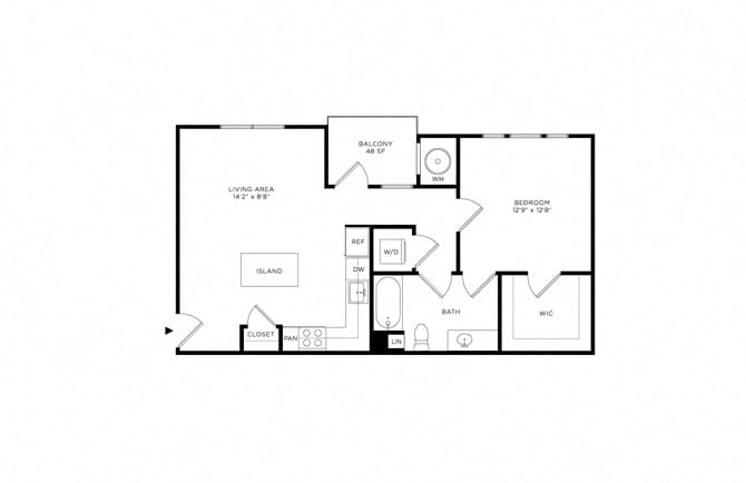 Floor plan layout diagram for 1E w/ Balcony