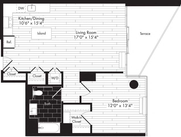 Floor plan layout diagram for 1E w/ Balcony