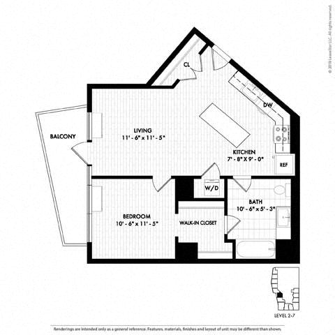 Floor plan layout diagram for 1C w/ Balcony