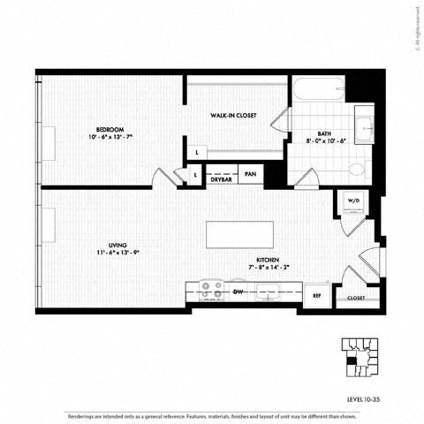 Floor plan layout diagram for 1N 1 bed 1 bath