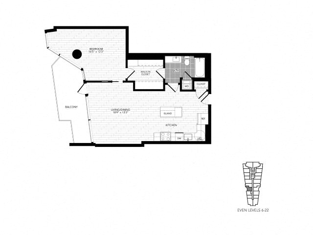 Floor plan layout diagram for 1N w/ Balcony