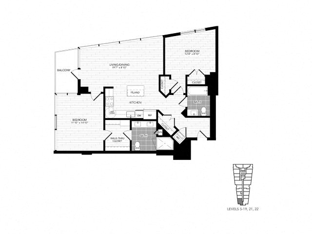 Floor plan layout diagram for 2A w/ Balcony
