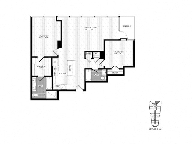 Floor plan layout diagram for 2C w/ Balcony