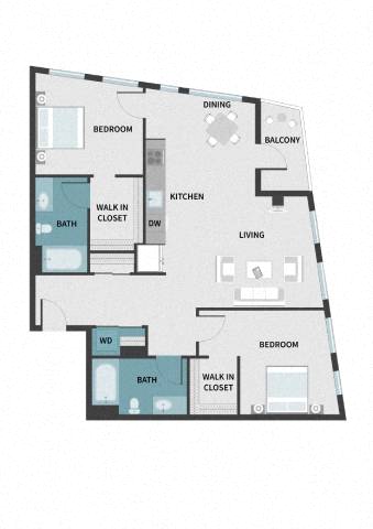 Floor plan layout diagram for 2E w/ Balcony