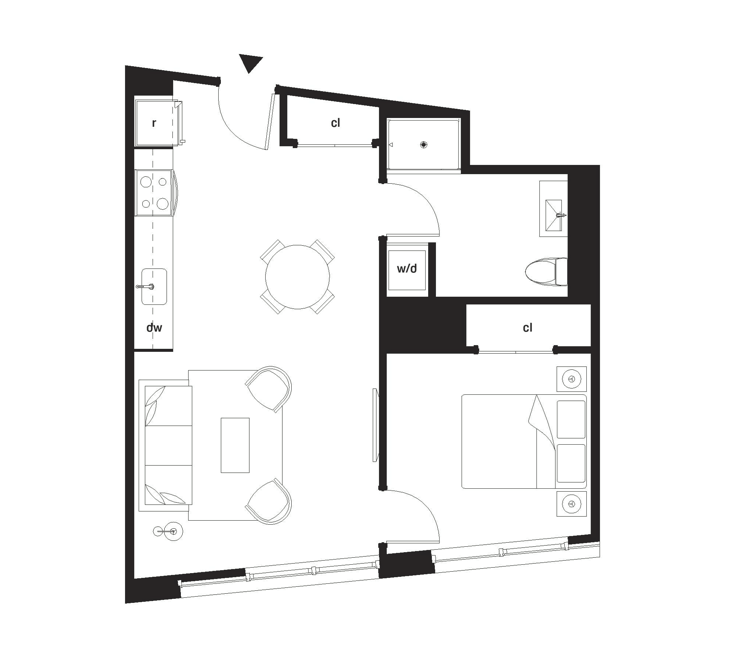 A black and white image of a floor plan with rooms labeled.