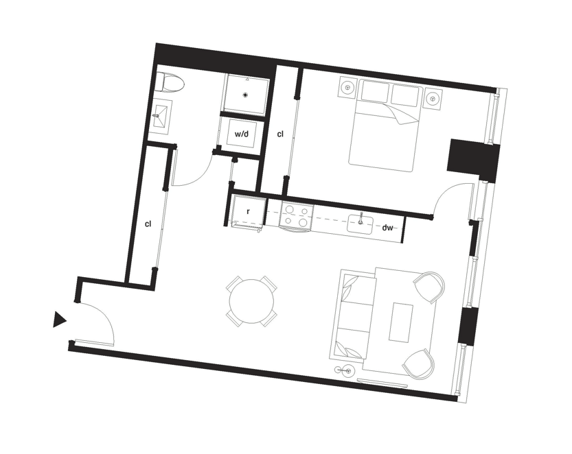 A floor plan of a house with a kitchen, living room, dining room, and two bedrooms.