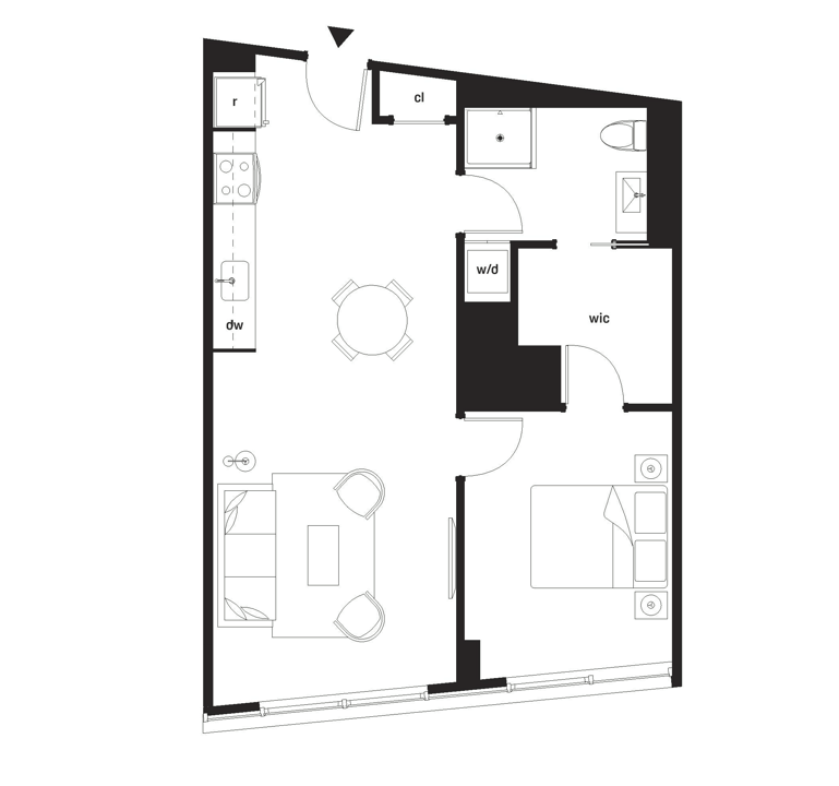 A floor plan of a room with a living room, dining room, kitchen, and bathroom.