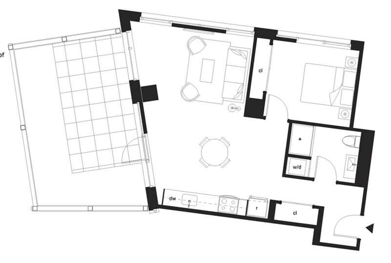 A floor plan of a house with a kitchen, living room, and bathroom.,A black and white image of a floor plan with labeled rooms.