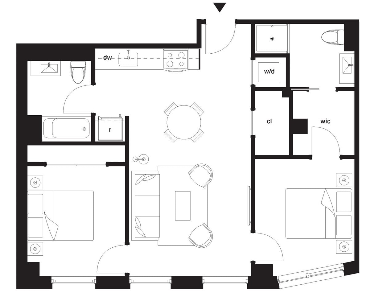 A black and white image of a floor plan for a house.