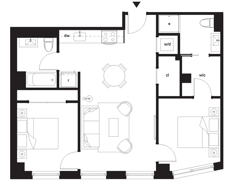 A black and white image of a floor plan for a house.