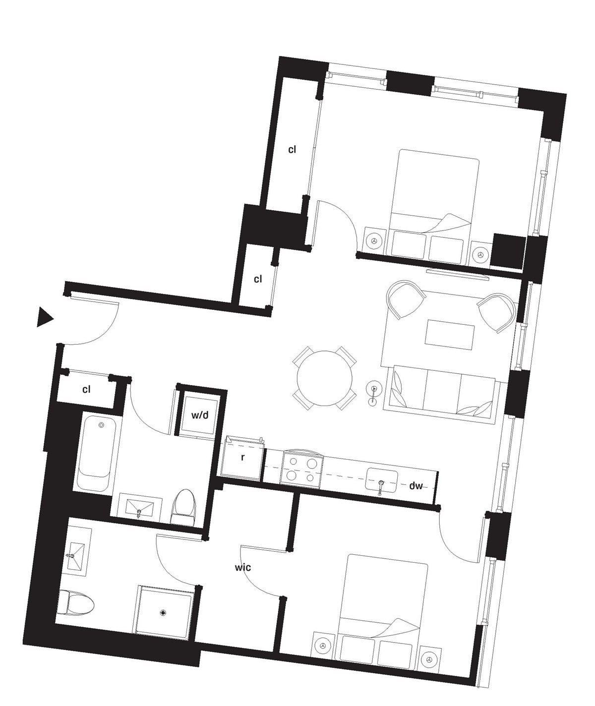 A black and white image of a house floor plan.,A black and white image of a floor plan of a house.