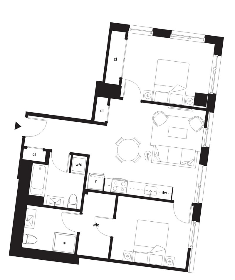A black and white image of a house floor plan.,A black and white image of a floor plan of a house.