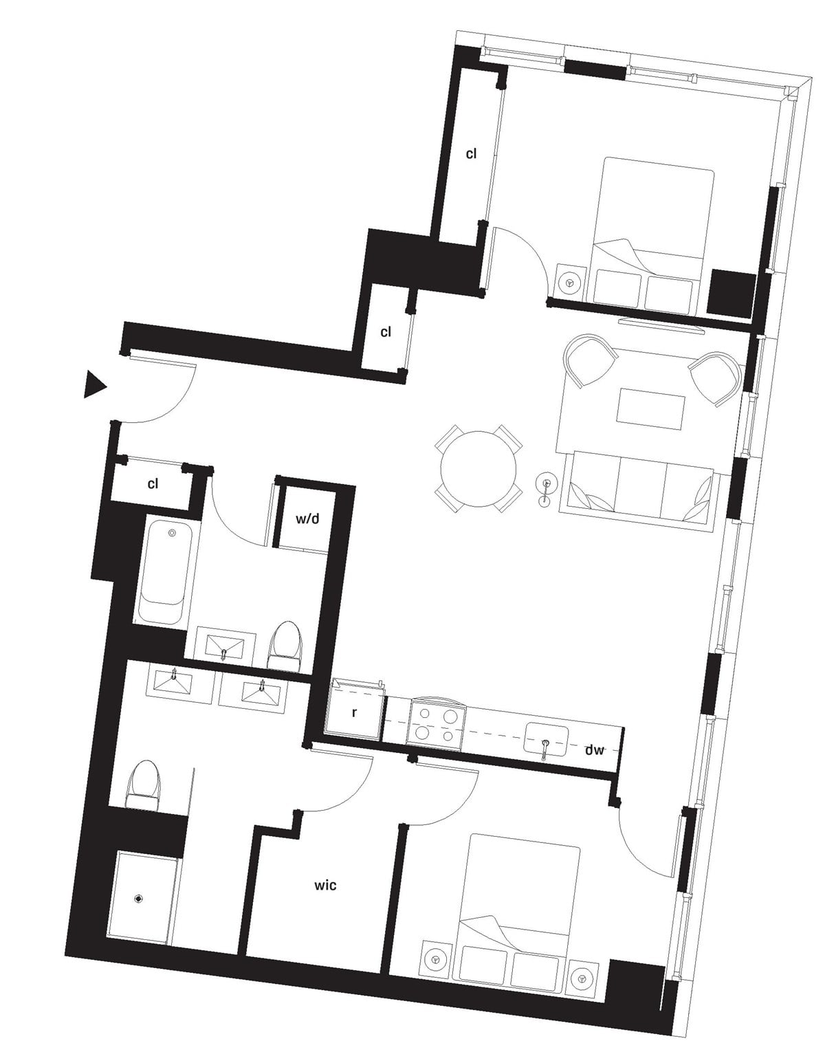 A black and white image of a floor plan with labeled rooms.