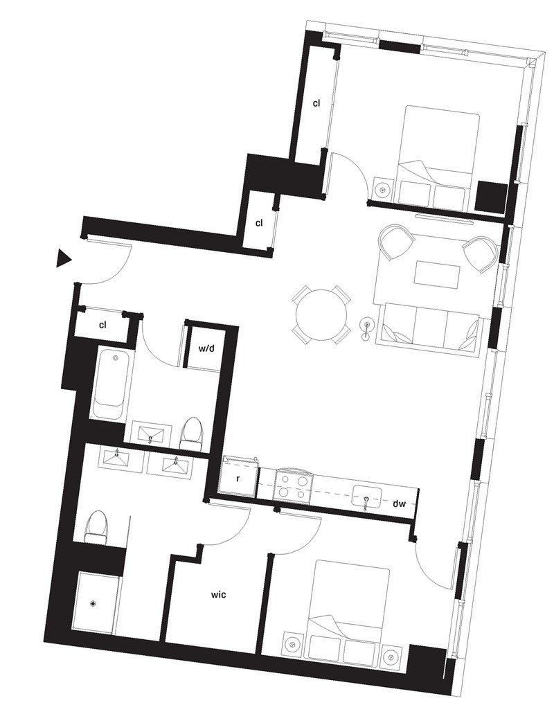 A black and white image of a floor plan with labeled rooms.