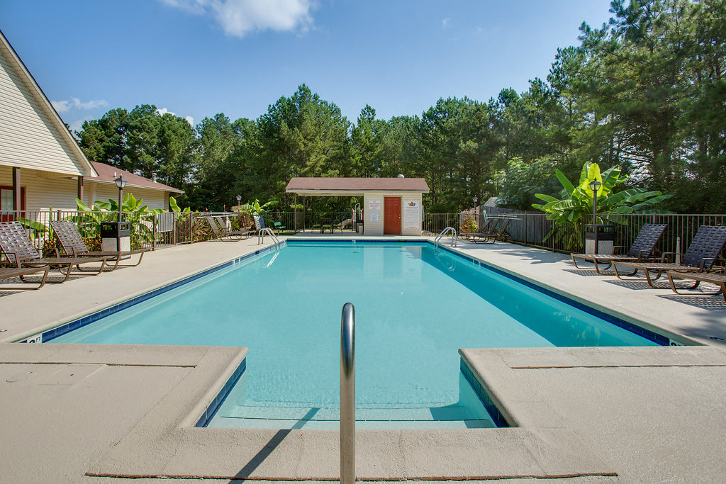 A swimming pool surrounded by trees and a small building.