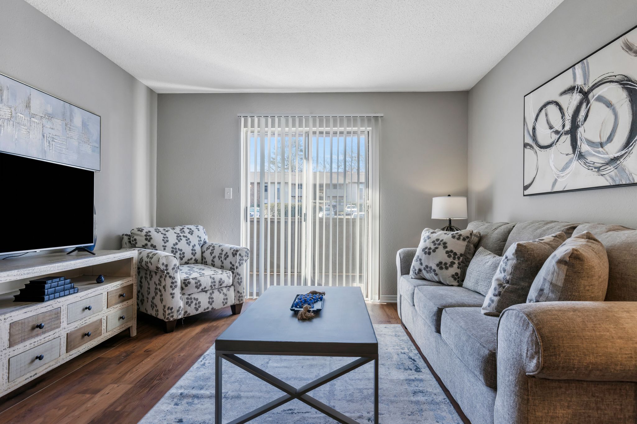 A living room with a grey couch, a coffee table, and a television.