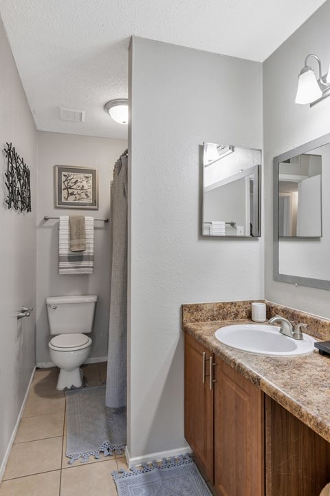 A bathroom with a toilet, sink, and mirror.