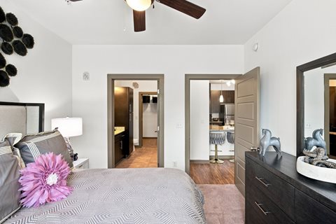 A bedroom with a bed, dresser, and mirror.