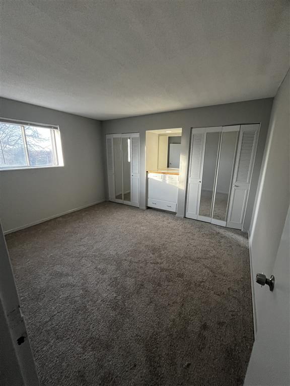 a bedroom with a two closets and a window