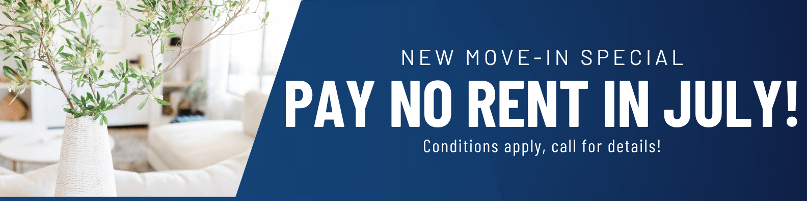 New move-in special. Pay no rent in July, conditions apply, call for details.