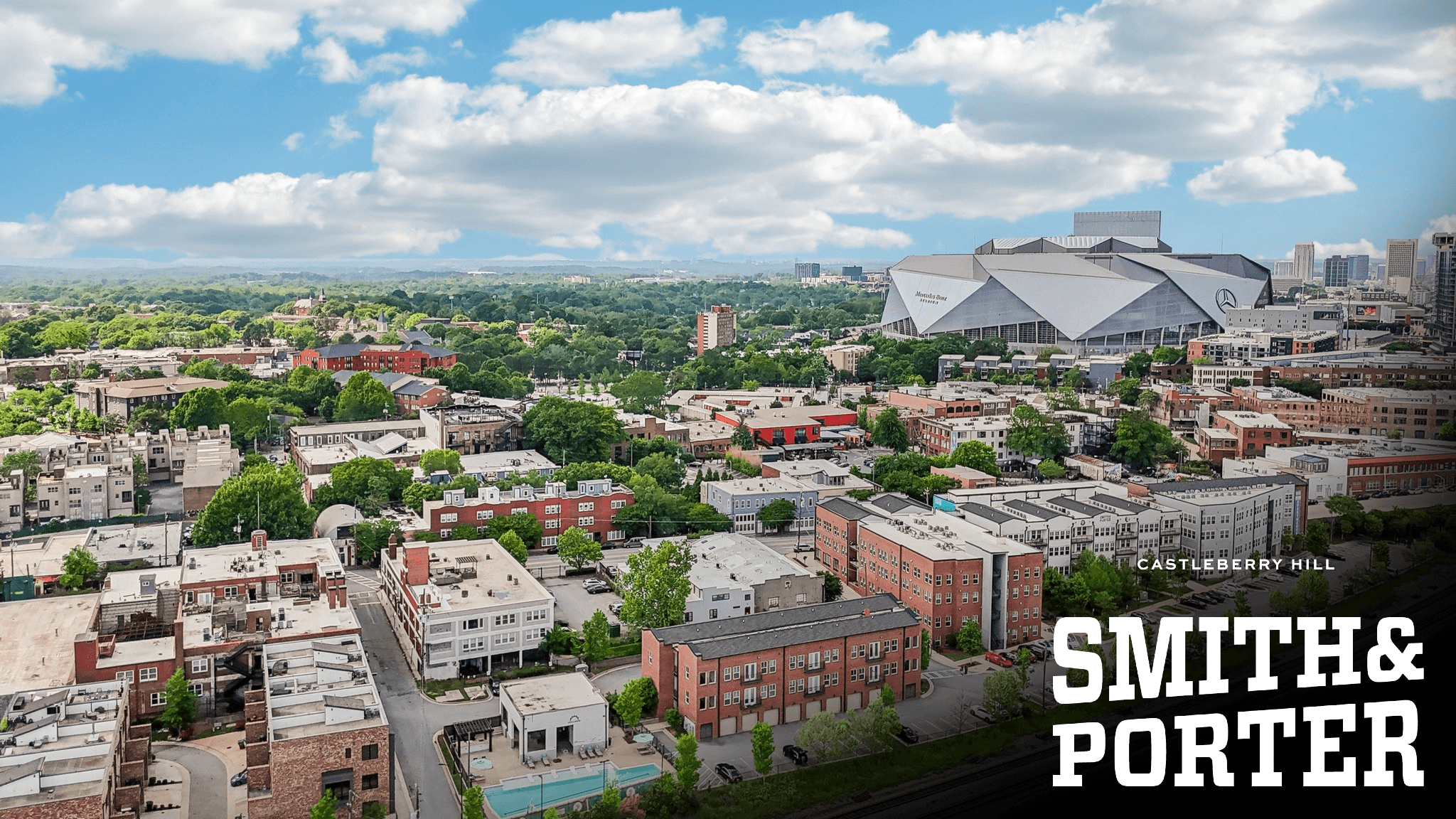 View of the Mercedes Benz stadium and downtown Atlanta