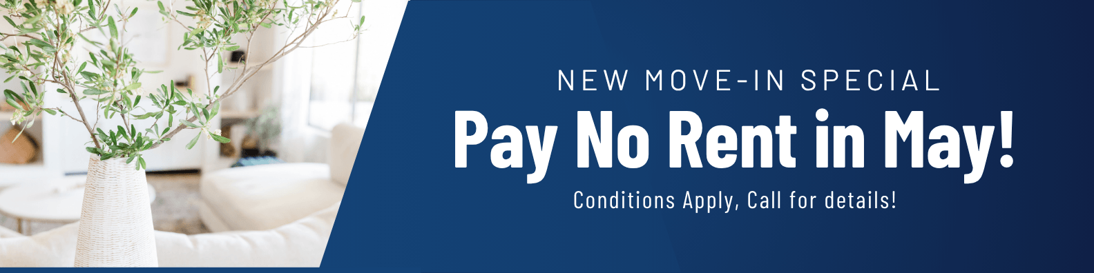 New move-in special. Pay no rent in may! Conditions apply, call for details
