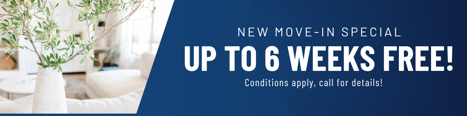 New move-in special. Up to 6 Weeks free rent! Conditions apply, call for details
