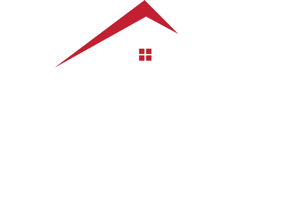 a white field homes logo with a red roof on top of a house