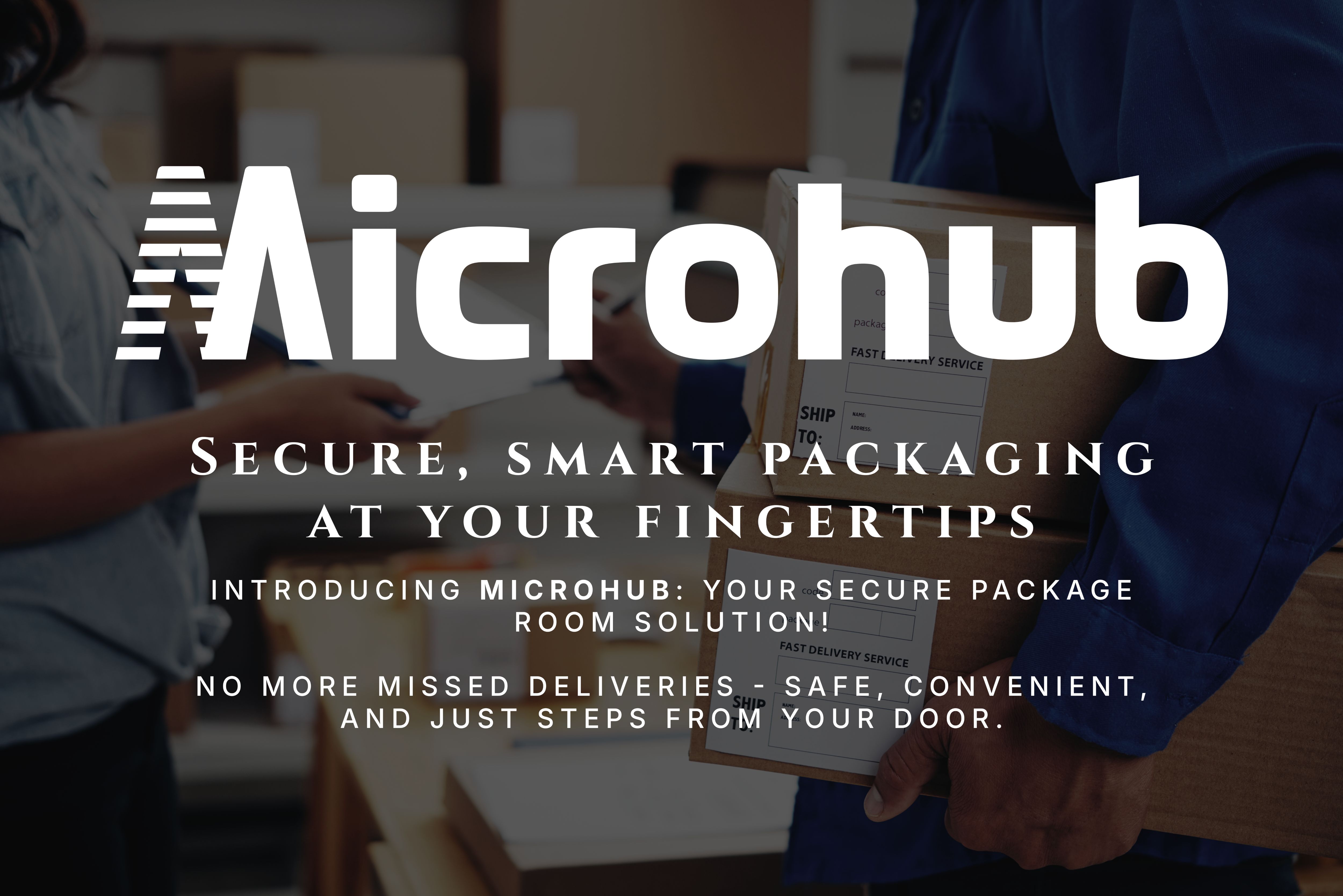 Man holding package with MicroHub logo over image.