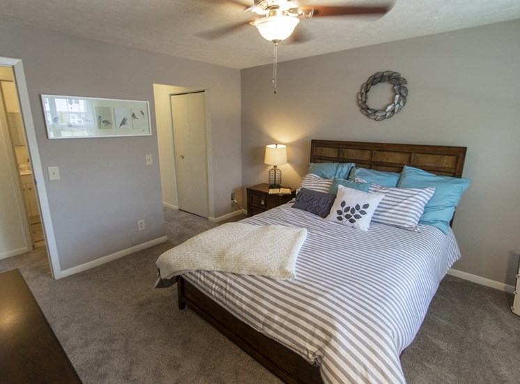 This is a photo of the bedroom in the 740 square foot 1 bedroom model apartment at Compton Lake Apartments in Mt. Healthy, OH.