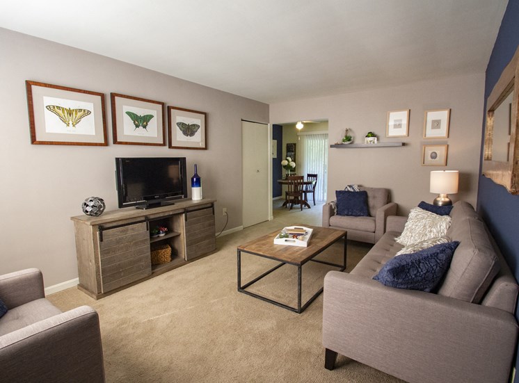 This is a photo of the living room of the 550 square foot 1 bedroom, balcony floor plan model apartment at College Woods Apartments in Cincinnati, OH.