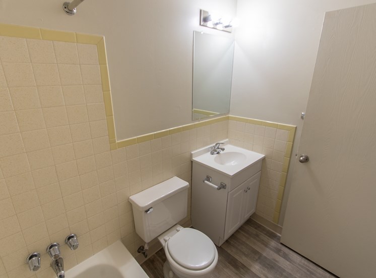 This is a photo of the bathroom in the 545 square foot 1 bedroom apartment at Lisa Ridge Apartments in Cincinnati, OH.