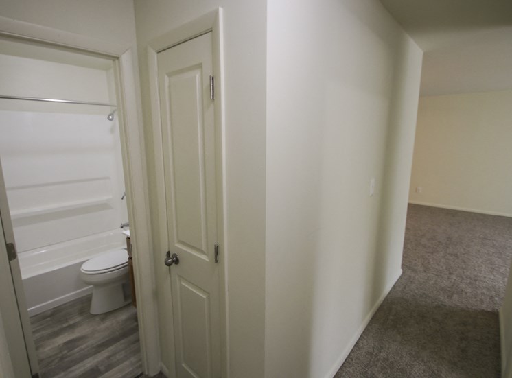 This is a photo of the hallway showing the closet in a 750 square foot 2 bedroom, 1 bath apartment at Park Lane Apartments in Cincinnati, OH.