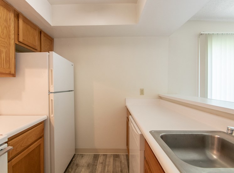 This is a photo of the kitchen in the  684 square foot, 1 bedroom floor plan at Village East Apartments in Franklin, OH.