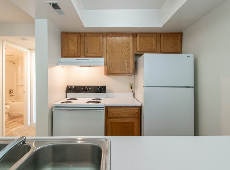 This is a photo of the kitchen in the  684 square foot, 1 bedroom floor plan at Village East Apartments in Franklin, OH.
