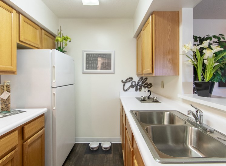 This is a photo of the kitchen in the  822 square foot, 2 bedroom floor plan at Village East Apartments in Franklin, OH.