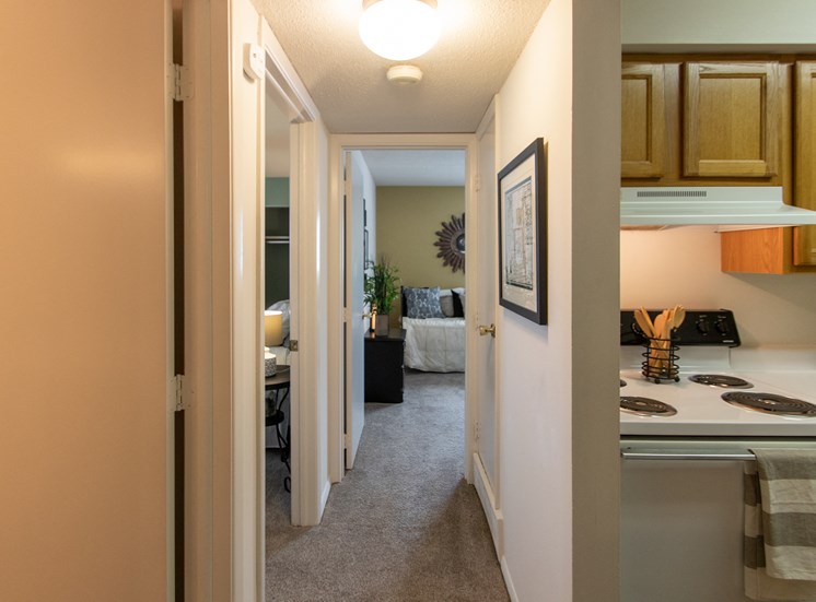 This is a photo of the hallway in the  822 square foot, 2 bedroom floor plan at Village East Apartments in Franklin, OH.