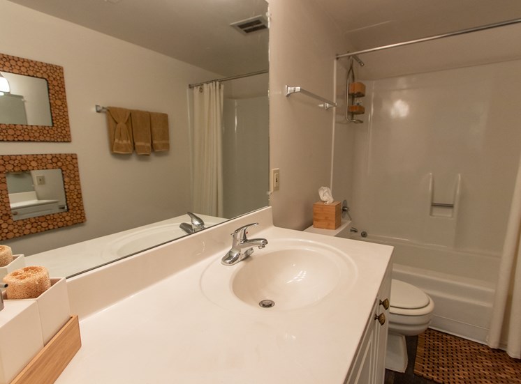 This is a photo of the bathroom in the  822 square foot, 2 bedroom floor plan at Village East Apartments in Franklin, OH.