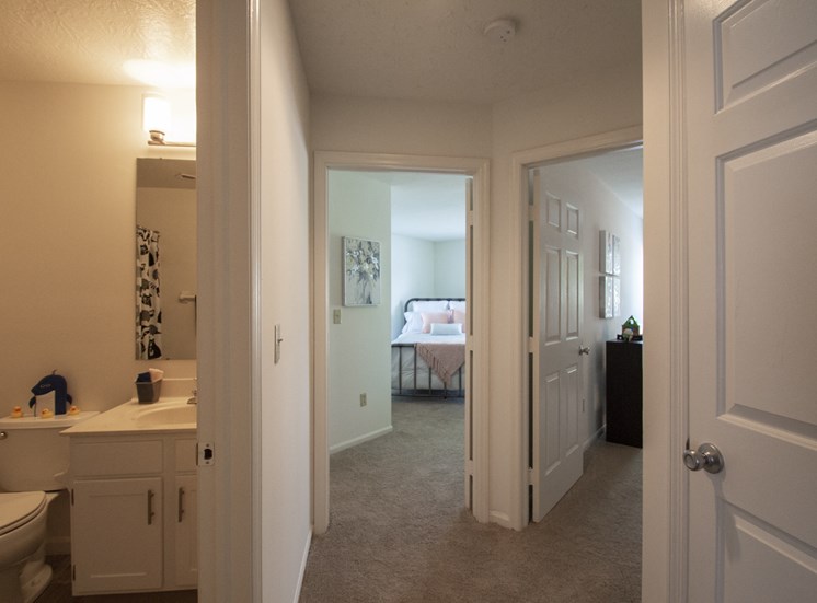 This is a photo of the hallway in the 1100 square foot 2 bedroom Kettering at Washington Park Apartments in Centerville, OH.