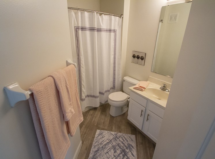 This is a photo of the primary bathroom of the 1100 square foot 2 bedroom Kettering at Washington Park Apartments in Centerville, OH.