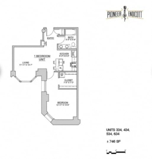 Floor plan layout diagram for 1BR/1BA