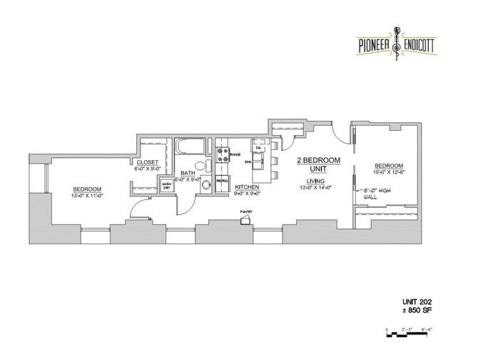 Floor plan layout diagram for 2BR/1BA