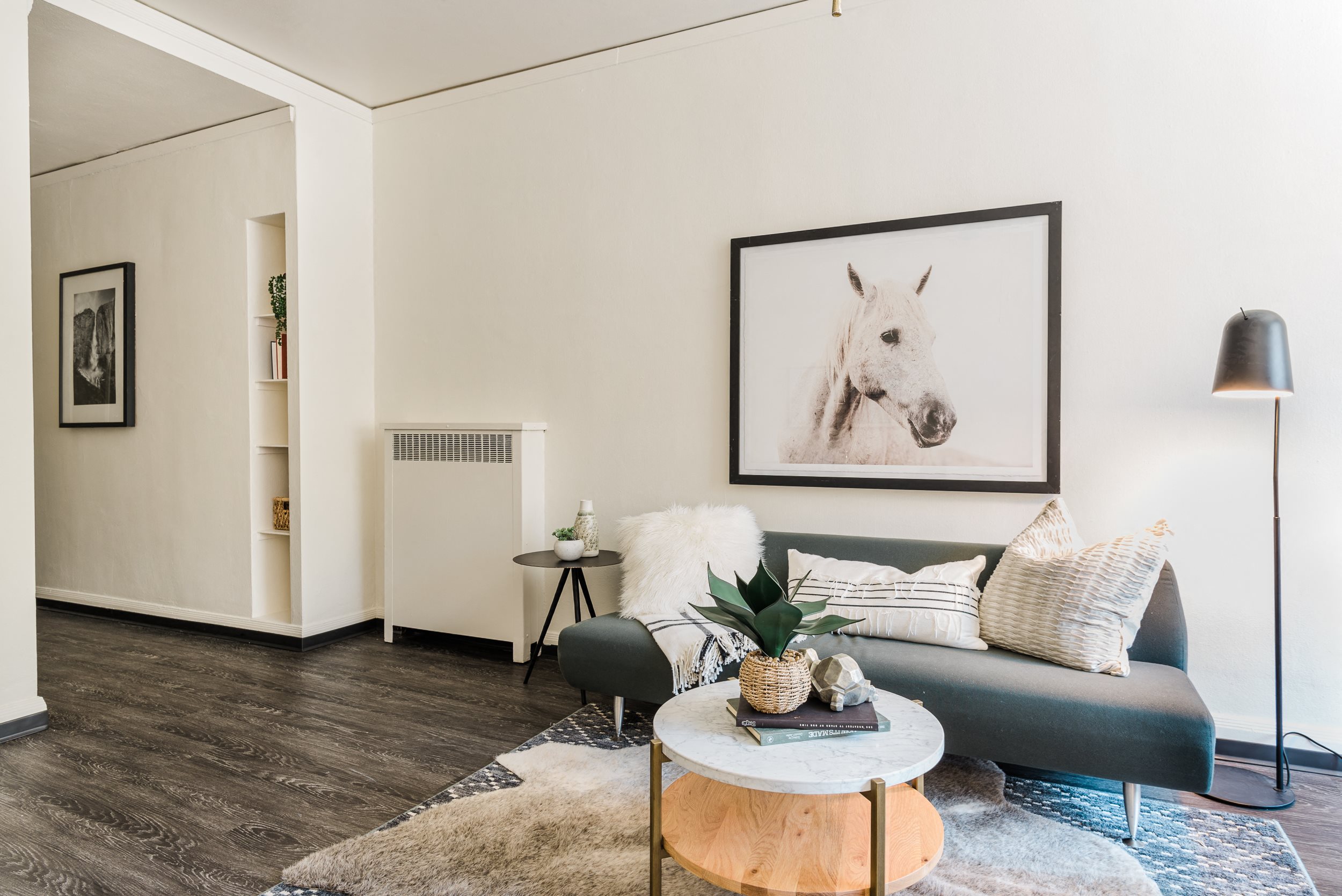 sample studio apartment Roomy studio accommodates full-size seating
