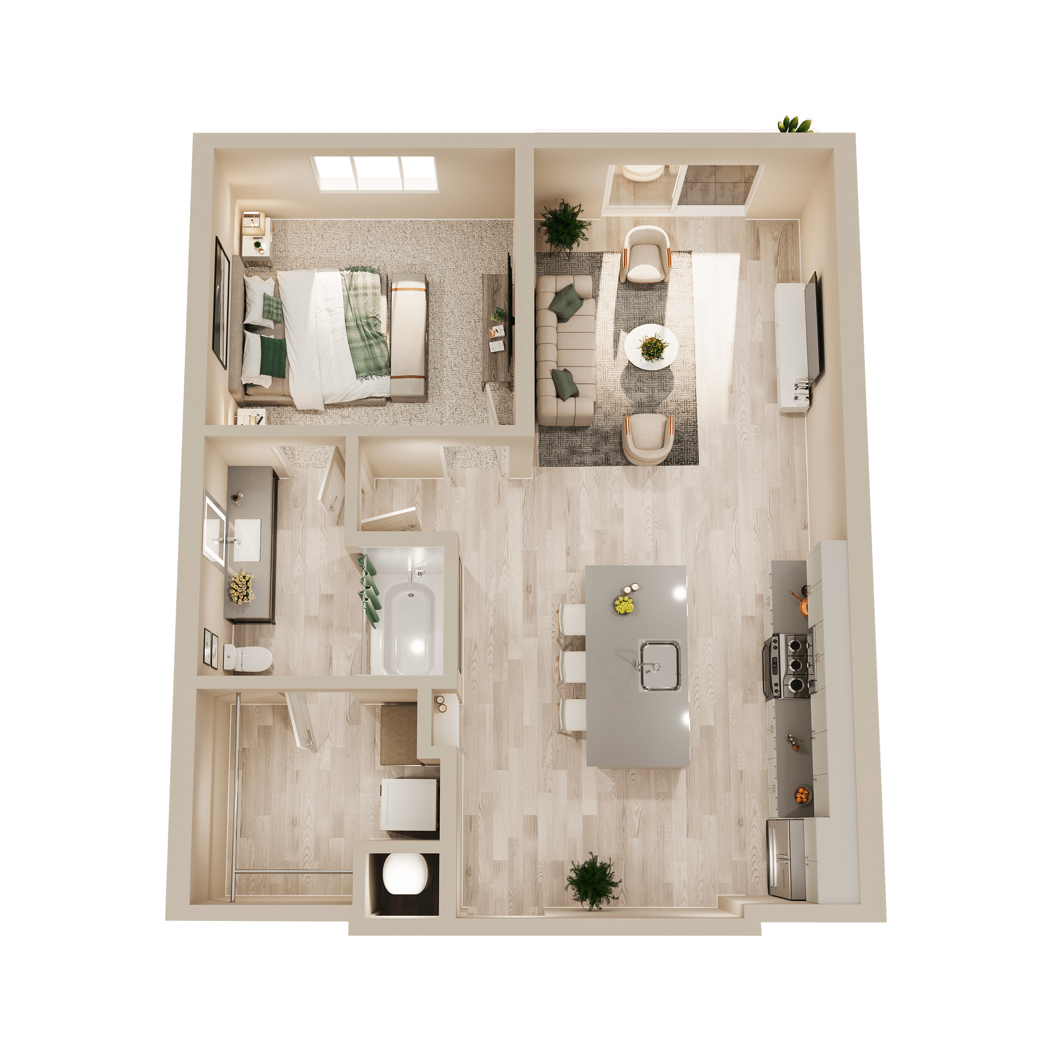 A top-down view of a small apartment with a kitchen, living room, and bathroom.
